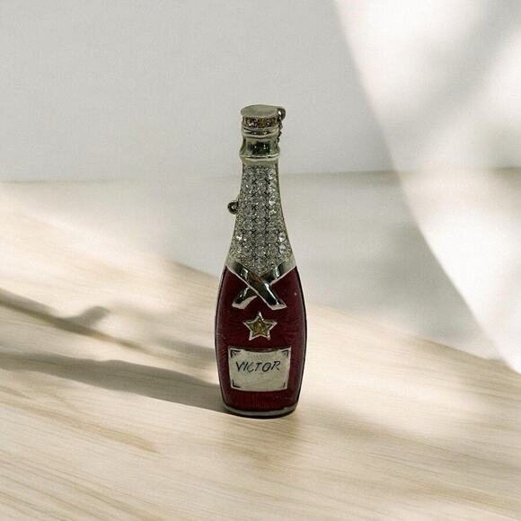Vintage Wine Bottle Trinket Box Burgundy Enamel White Crystals "Victor" - Picture 1 of 7